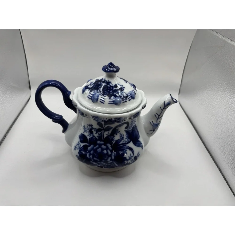 Tea Pot Scalloped Rim Flowered Porcelain, Cobalt Blue And White Cottage Granny